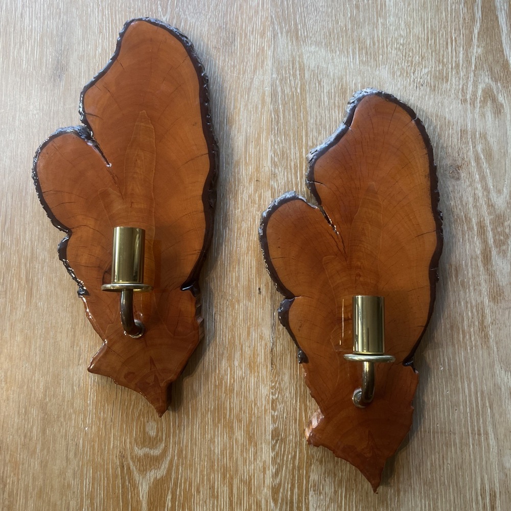 Vintage Rustic Live Edge Wood Slab Epoxy Candle Holder‎ MCM Pair Cabin